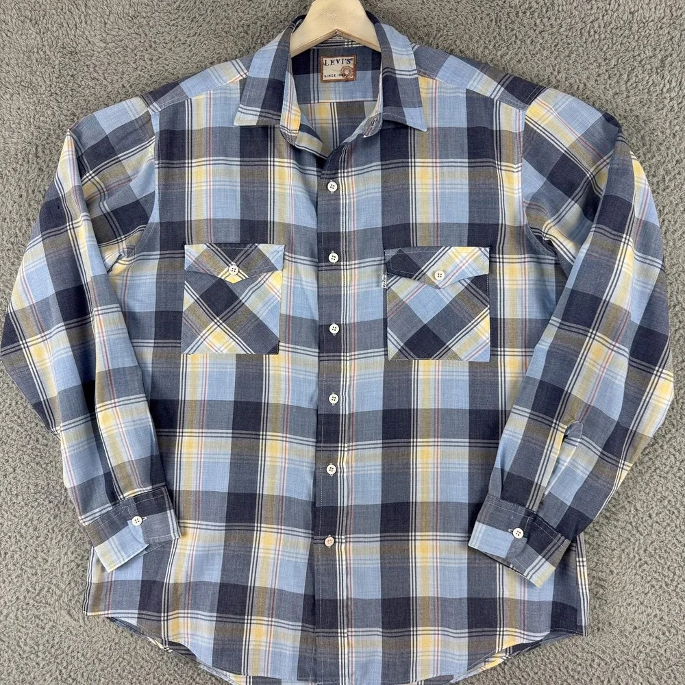 VTG Levis Shirt Mens Large Blue Yellow Plaid Button Up Long Sleeve Western Korea